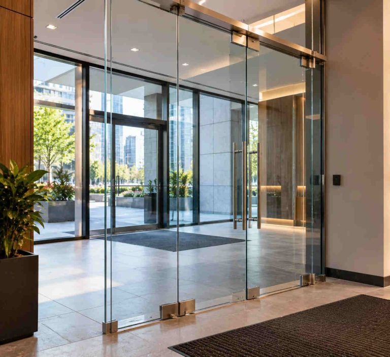 Frameless Glass Entrance Door Installation In Office Lobby