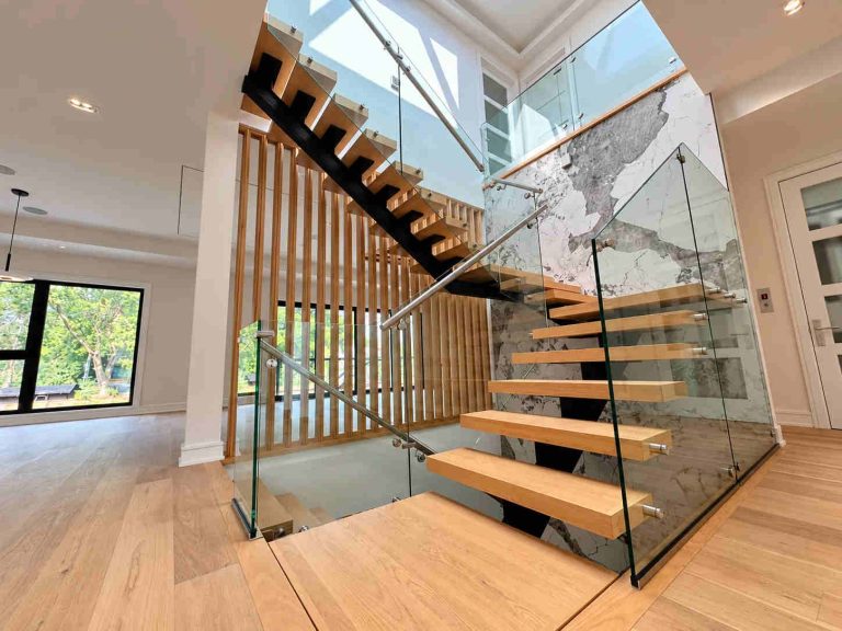 Frameless Glass Stair And Landing Railing With Stainless Steel Handrail