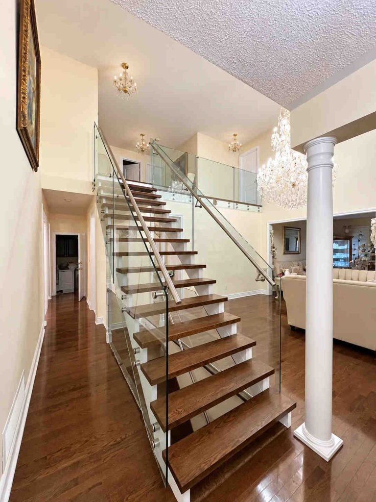 Frameless Glass Staircase With Wood Treads And Stainless Steel Handrails